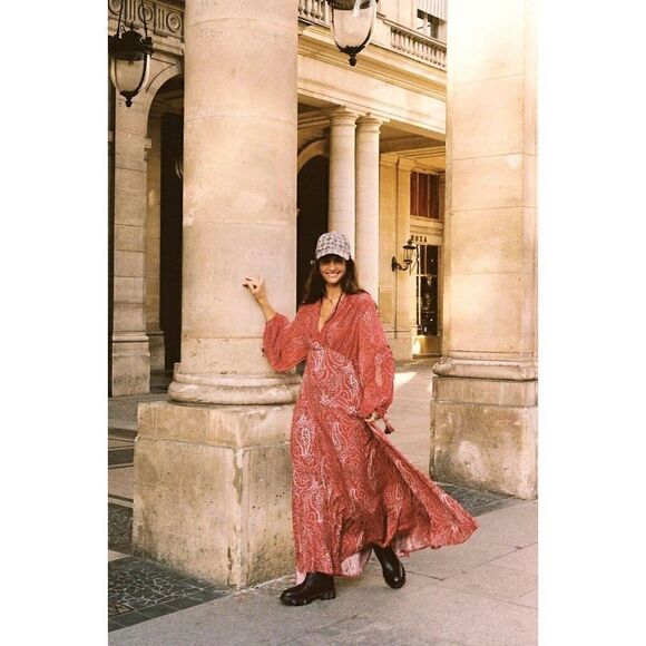 NEW FREE PEOPLE MIRAGE MAXI DRESS PAISLEY PRINTED LONG DRESS IN RUBY COMBO - Picture 5 of 6